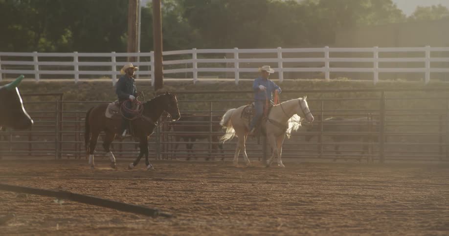 Man on horseback in a sand ranch with ropes practicing