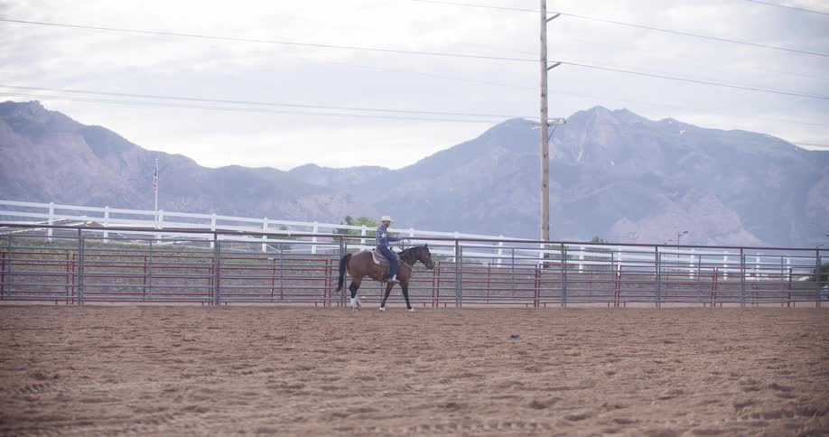 Cowboy riding a horse and twirling a rope in an arena