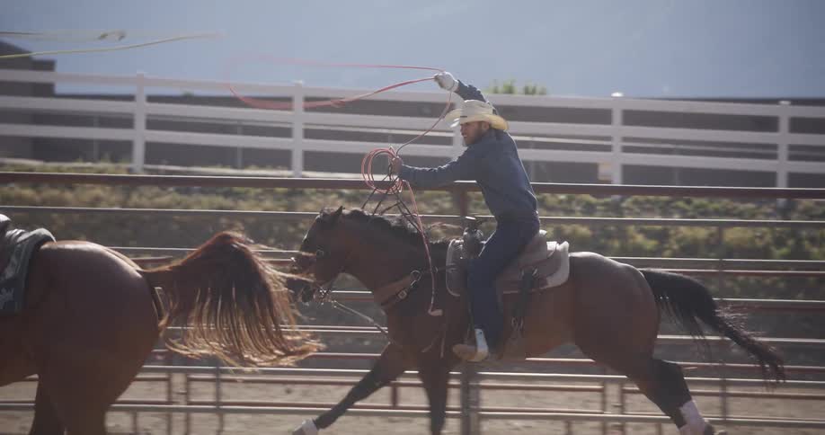 Two cowboys are swinging their lassos on horses
