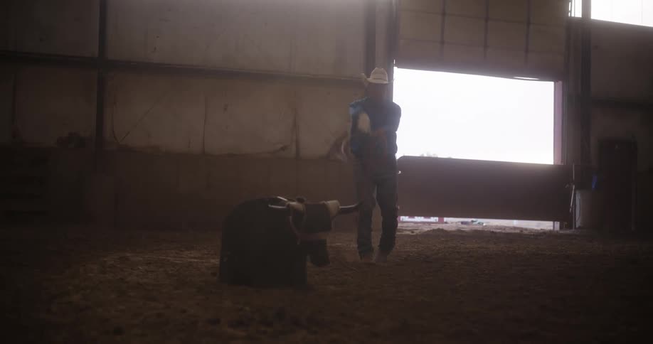 Cowboy practices throwing a lasso in a barn