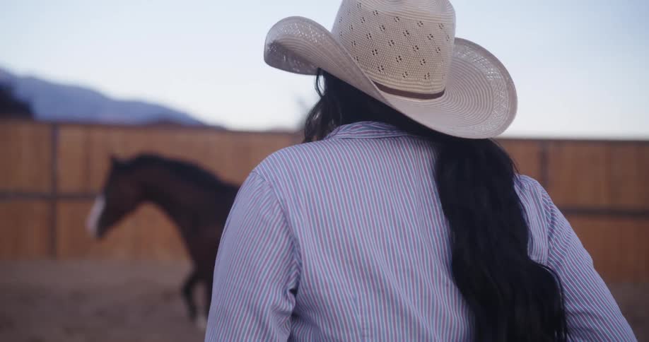 Cowgirl looks at a horse running near a fence