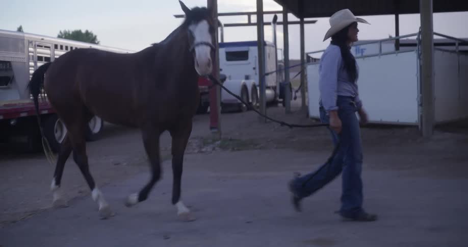 Female rodeo trainer leads a horse walking behind through the grounds of a rodeo staging area at sundown