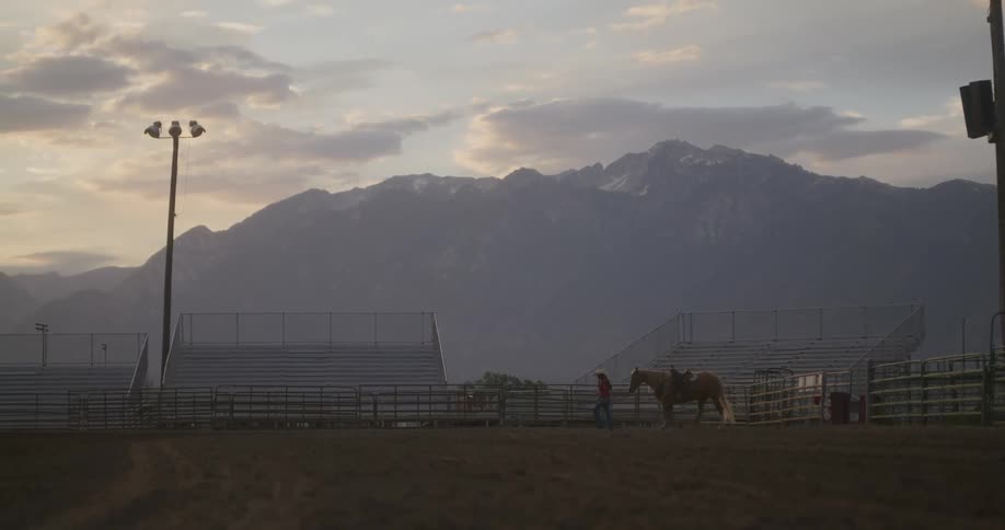 Person walking on a field with a saddled horse during the day