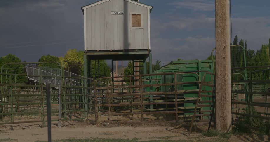 A small house suspended by some pillars and several fences in front