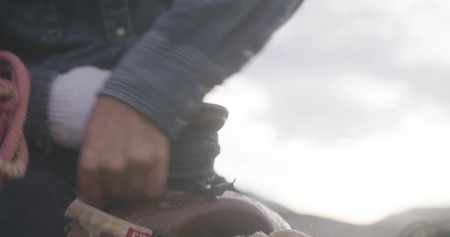 Close up of a mans hands on top of the horse tightening an elastic band on his seat