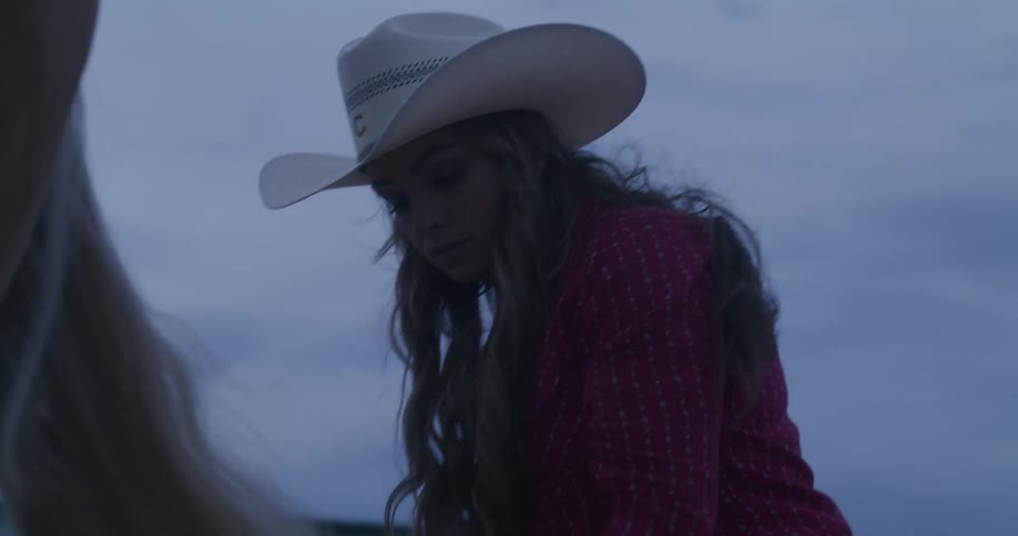 A woman combing a horses tail during dusk