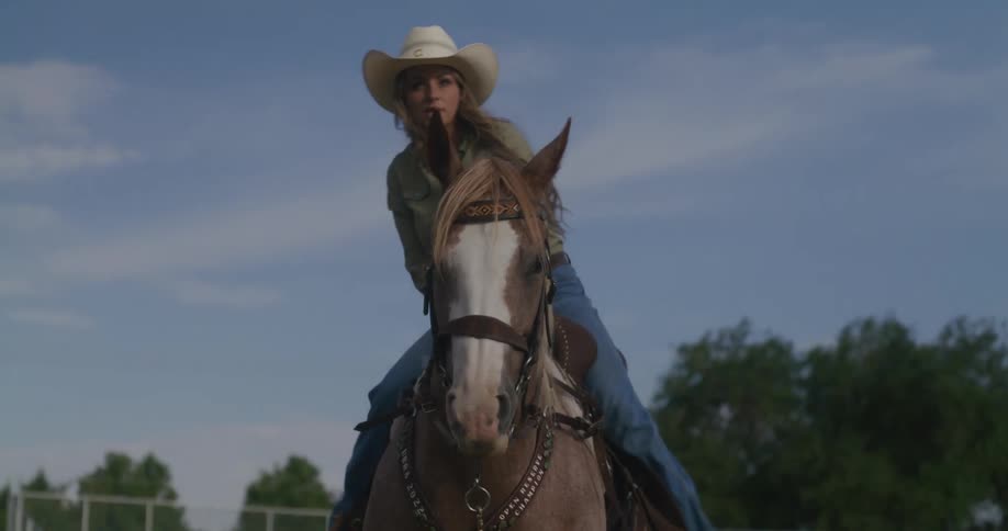 A lady climbing her horse