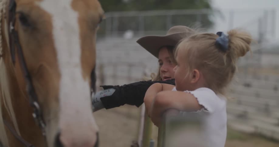 Two girls stand and pet horse with audience seating in the background