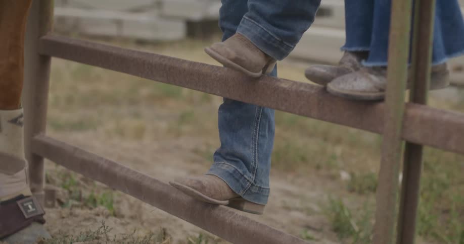 Two pairs of peoples feet on top of wooden fences