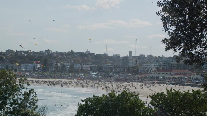 A beach full of people during the summer