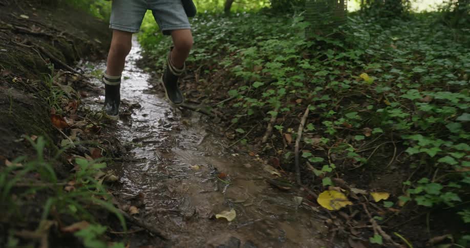 A child jumping into a forest stream during the day