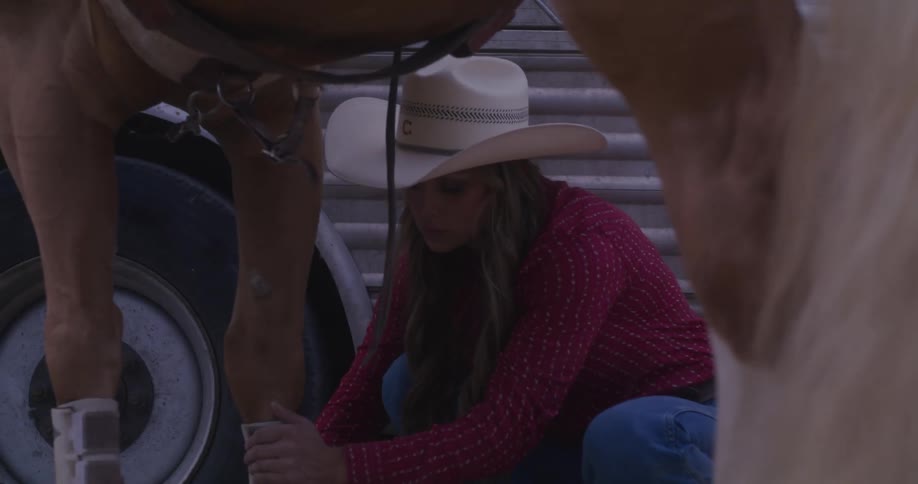 A woman putting a guard on a horses legs