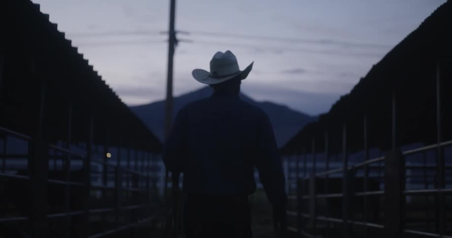A man walking through a stable pen at dusk