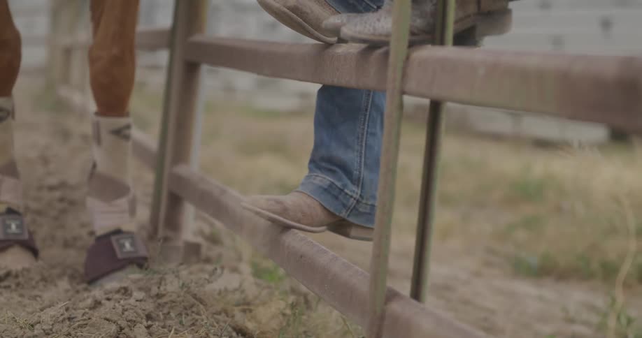 Legs of two people standing by a metal fence during the day