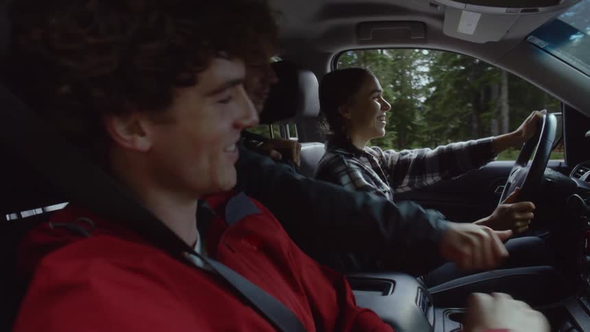 Young adults in a car enjoying music and having fun