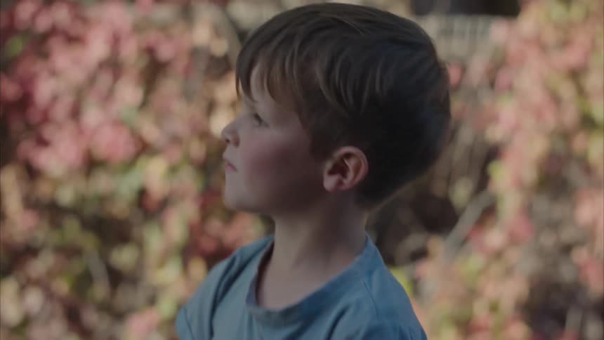 A boy throws a ball in a garden at midday
