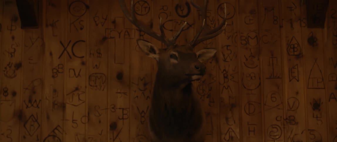 A drawing of an antelope with other inscription inside a cave wall