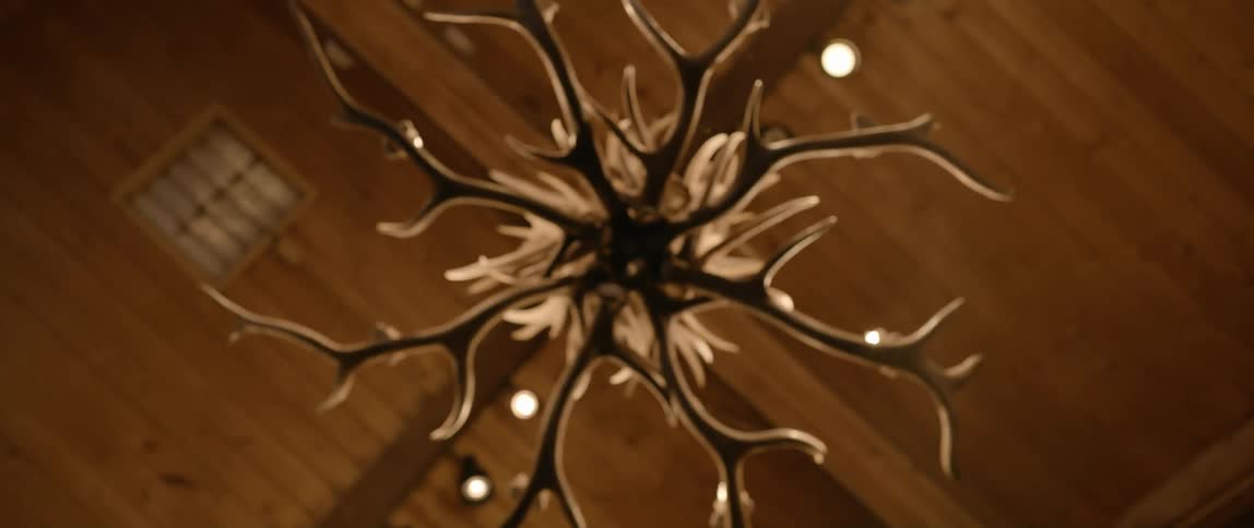A chandelier with several animal horns on the wooden ceiling