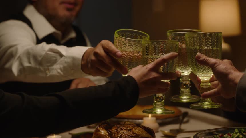 A group of people clinking glasses on a table