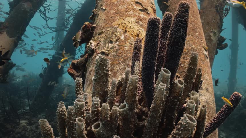 Fish in the midst of the sea with wreckage and reefs