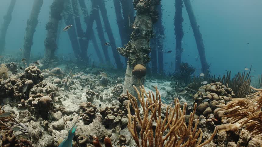 Fish in the midst of an ocean with coral reefs and clear waters