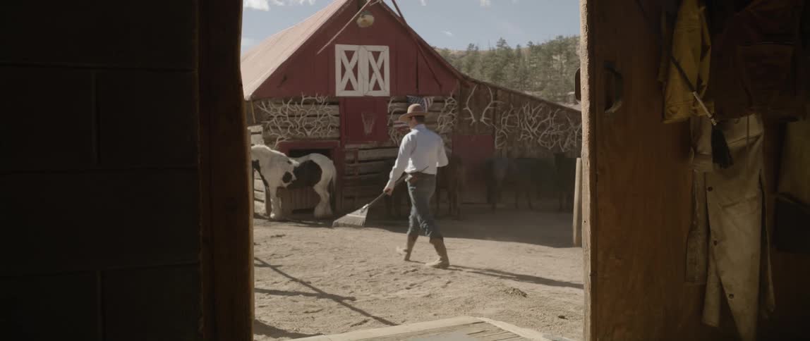 A man cleaning an horse stable