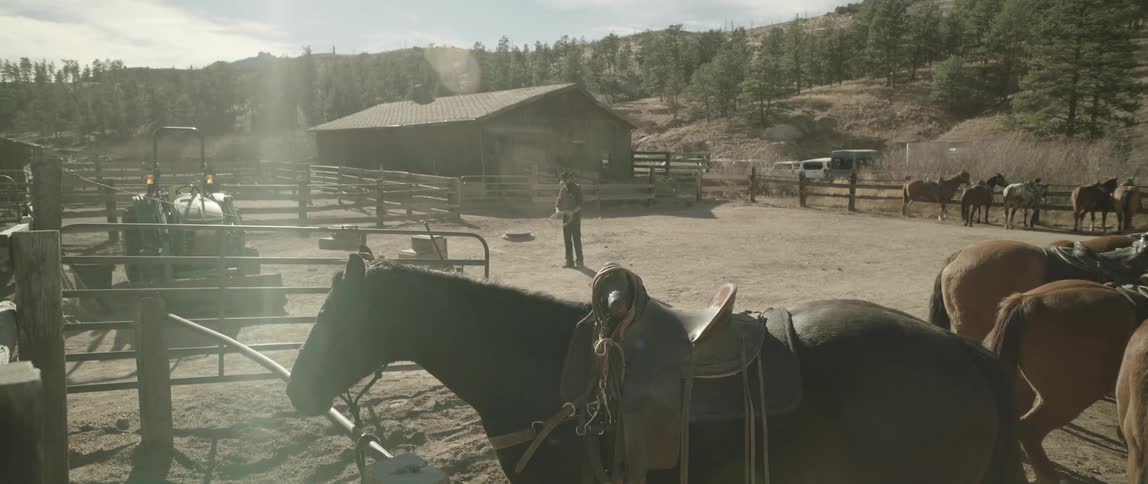 Wild west cowboy stands in the middle of a corral