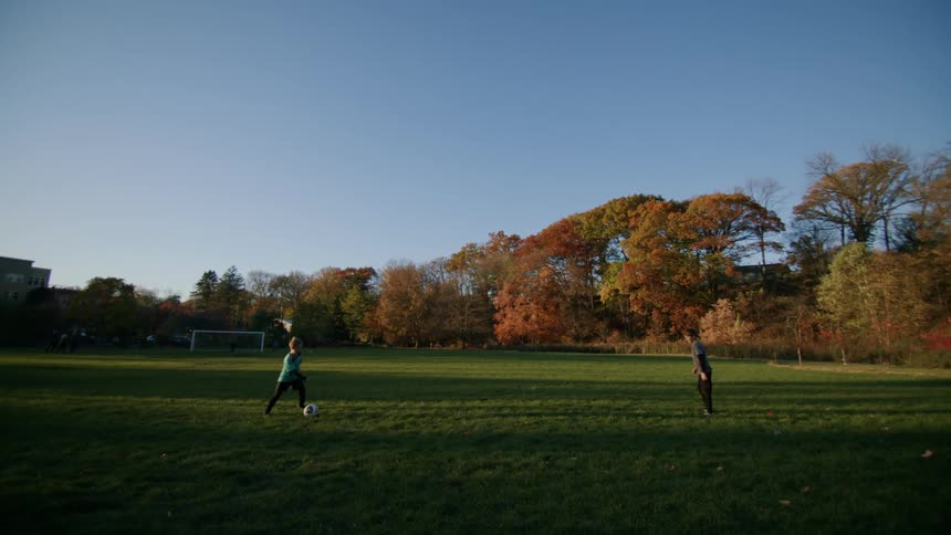 Two boys on a grassy field passing a soccer ball to each other