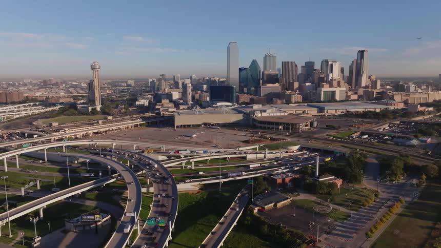 Aerial panorama of a metropolis with skyscrapers and highways