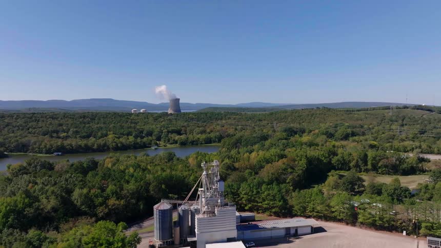 Aerial view of a power plant in the countryside