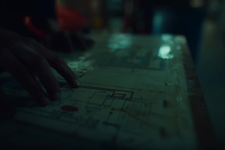 Worker examines diagram lying on table in dimly lit room