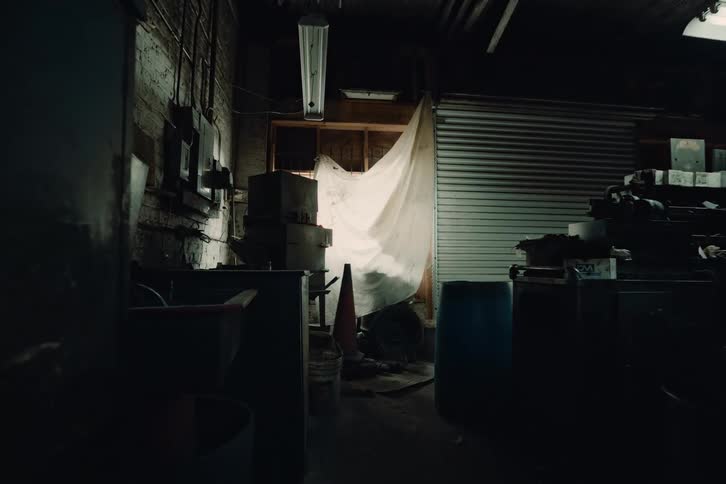 Internal view of a garage with tools and machinery