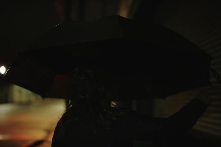 A woman walking down the street with an umbrella at night