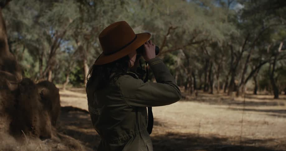Woman in the middle of a savanna observing with binoculars
