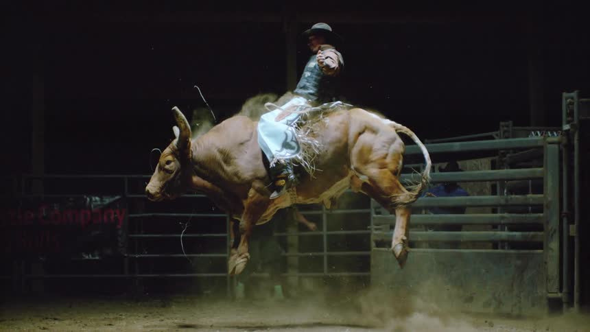 A man is riding a bull that is jumping high in the air