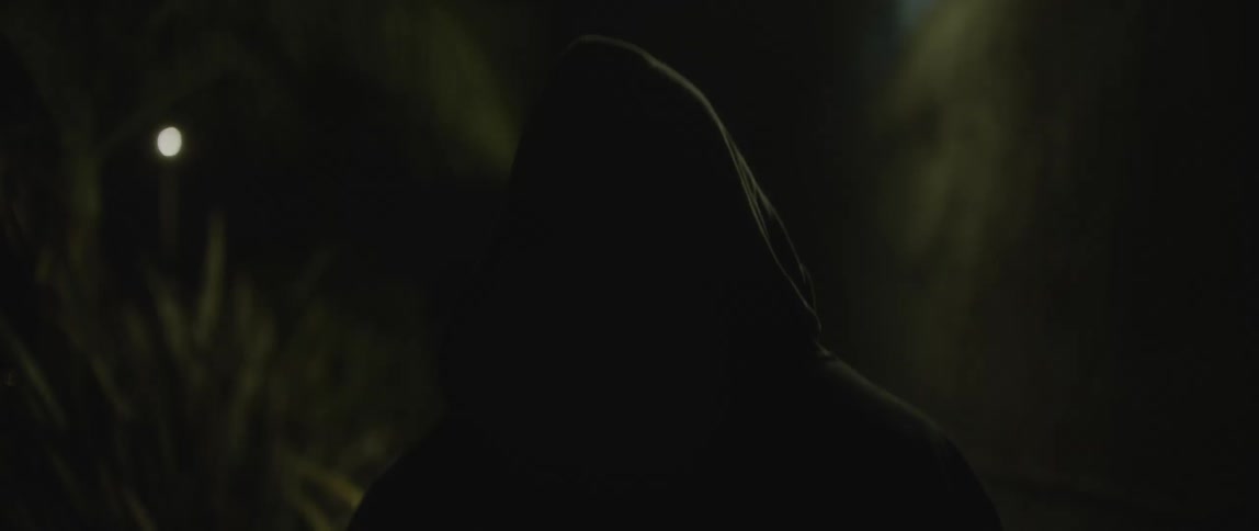 A person walking down the street of a neighborhood at night