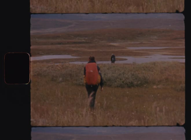 Two people walking away their backs facing the viewer in fields surrounded by nature with lakes and mountain ranges