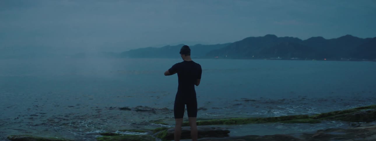 A man is standing facing the sea and on top of a rock