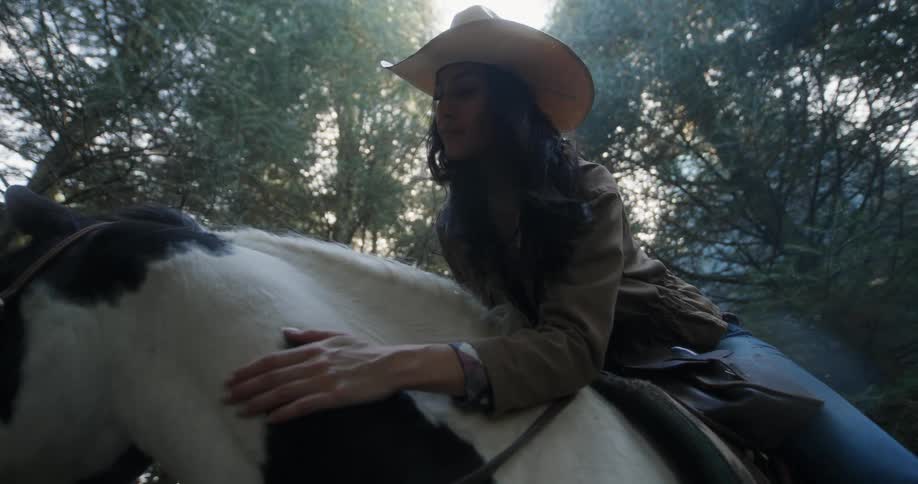 A woman is on top of a horse and is stroking its fur