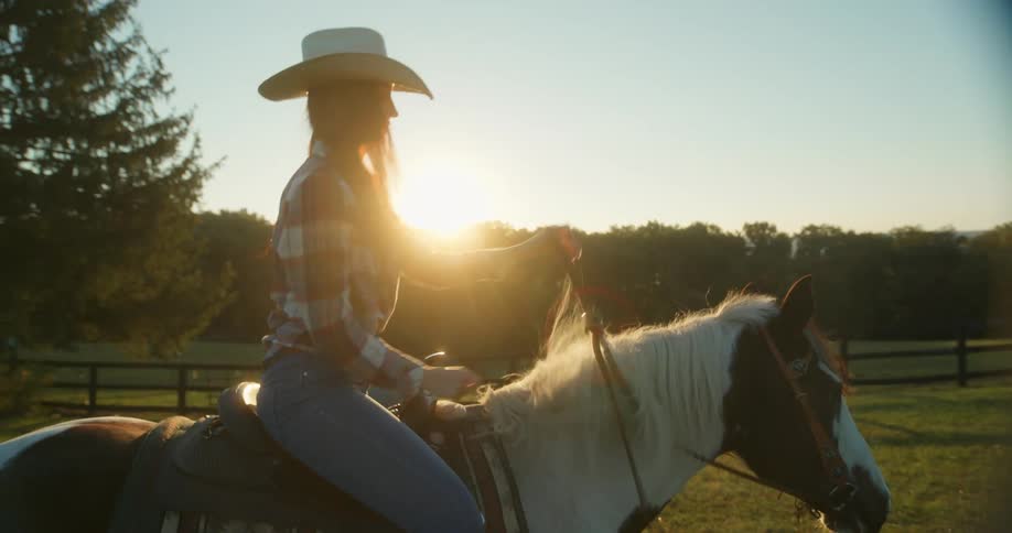 A girl riding a horse on a farm during dawn