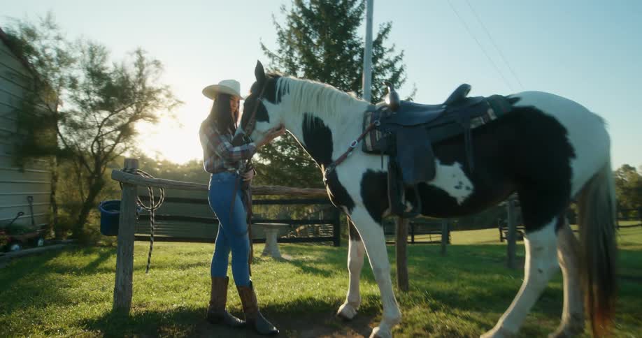 A woman petting a horse outdoors on the farm