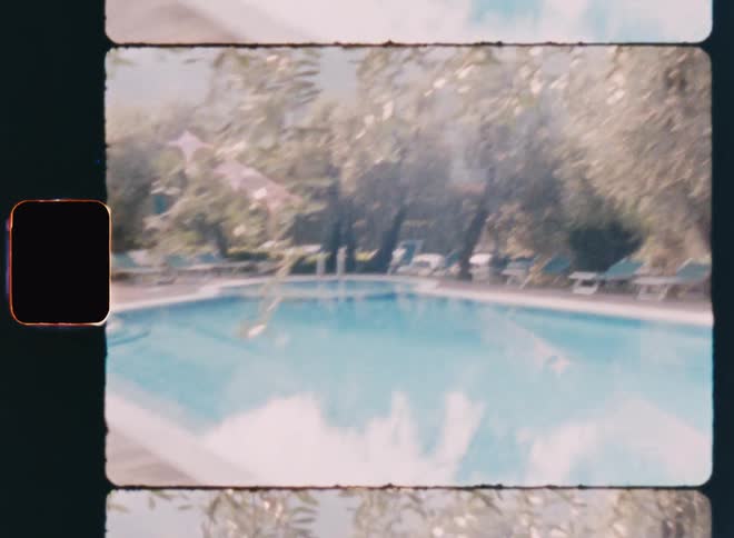 An empty backyard pool area surrounded by trees in the summer on a sunny day