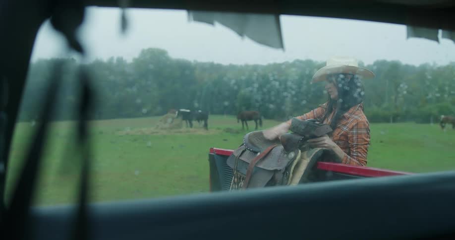 A woman putting horse saddles hanging on the car door