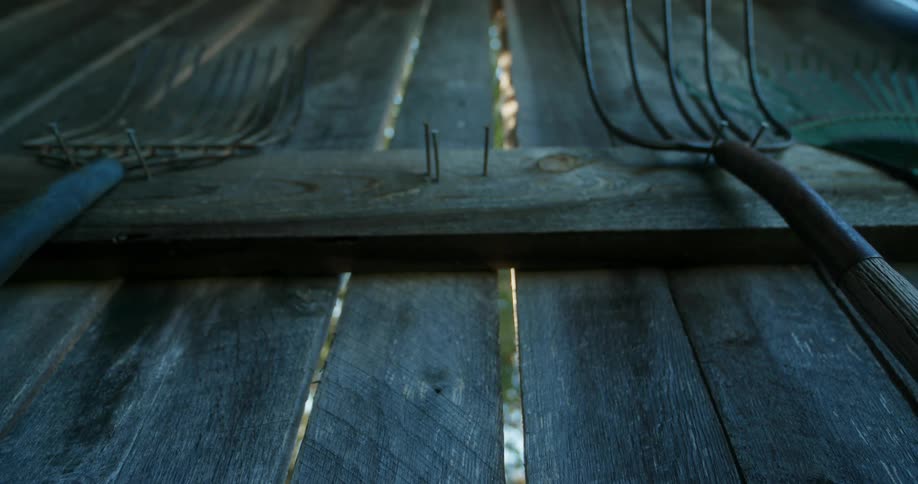 Half way up wood barn wall planks a white cowboy hat hung between two pitchforks on a cross board is taken off the nails then put back on the nails