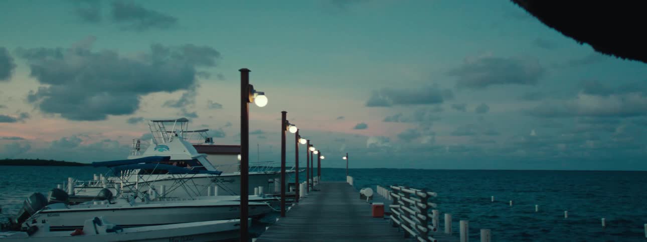 A wooden pier with boats docked in the ocean at dusk