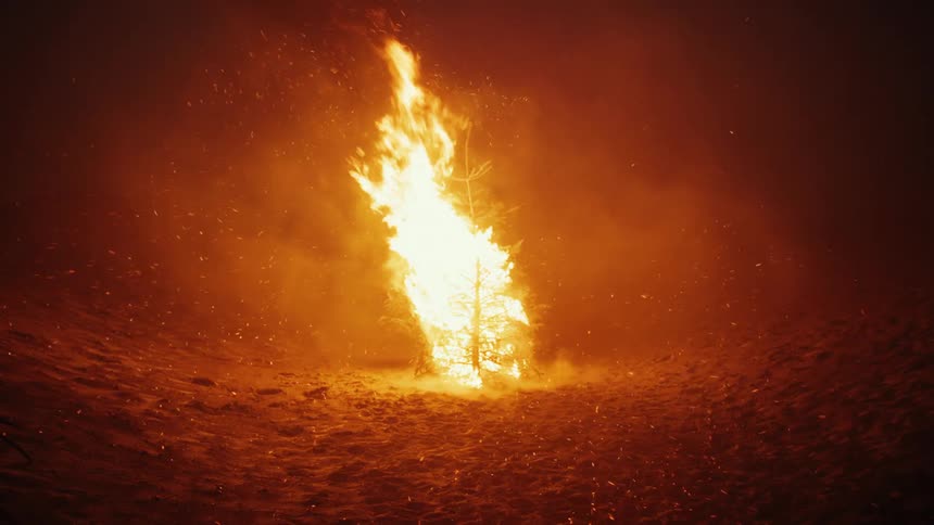 Tree on fire at night in the midst of a desert