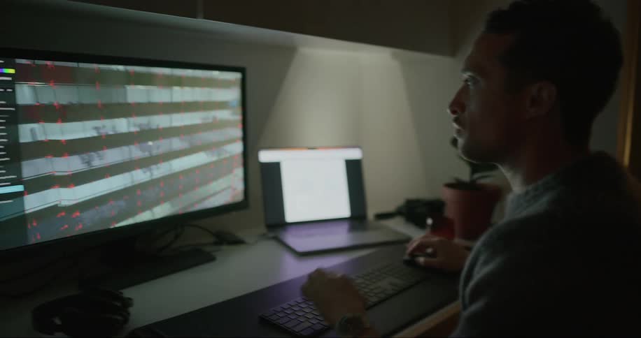 A man operating his computer from a large monitor