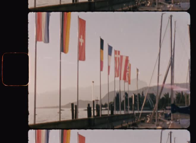Poles with flags of different countries by the sea