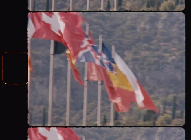 Rows of flagpoles with flags from various countries placed side by side in an outdoor environment