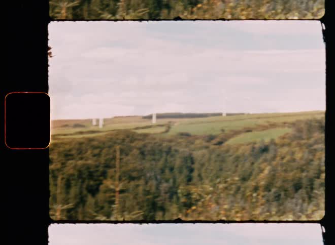 A windmill farm next to a forest